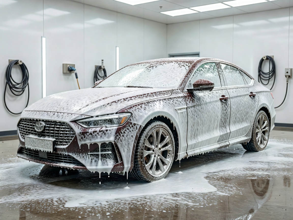 A vehicle covered in thick white snow foam during the pre-wash stage in a clean wash bay