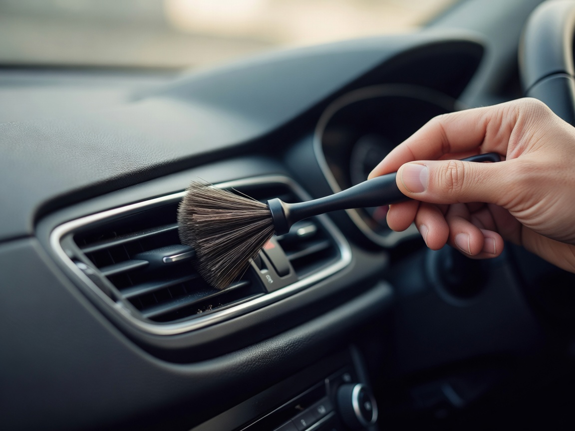 A detailing brush being used gently on a vehicle interior dashboard air vent