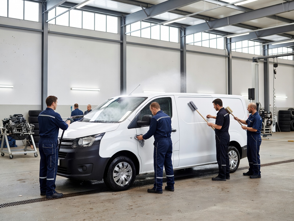 A clean local service van receiving a maintenance wash in a bright bay