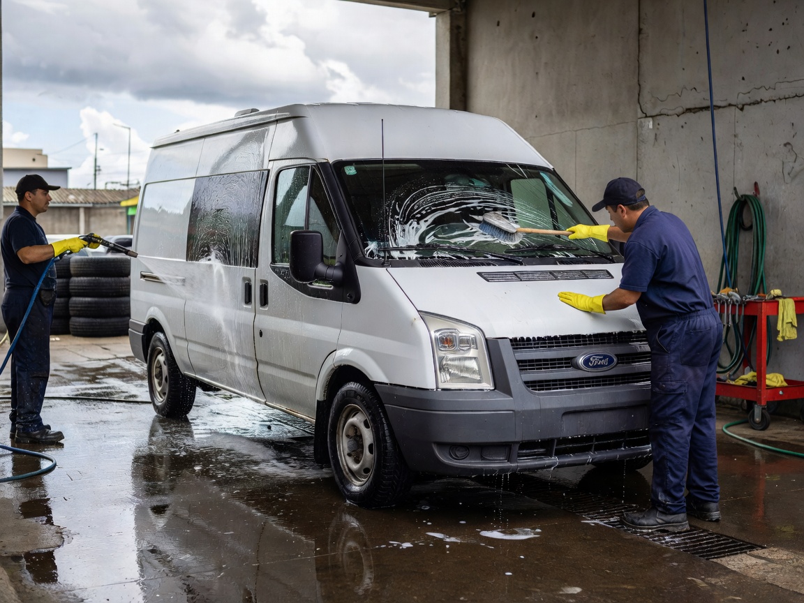 A local service van undergoing a routine exterior wash