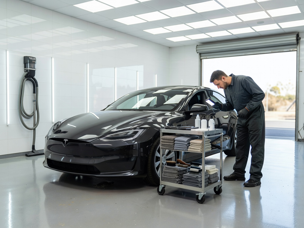A clean automotive detailing workspace demonstrating vehicle inspection